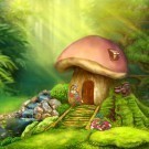 Fantasy mushroom cottage on a colorful meadow