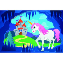 Cute unicorn in fairy tale cave