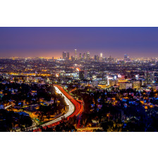 Los Angeles downtown and hollywood skyline at night